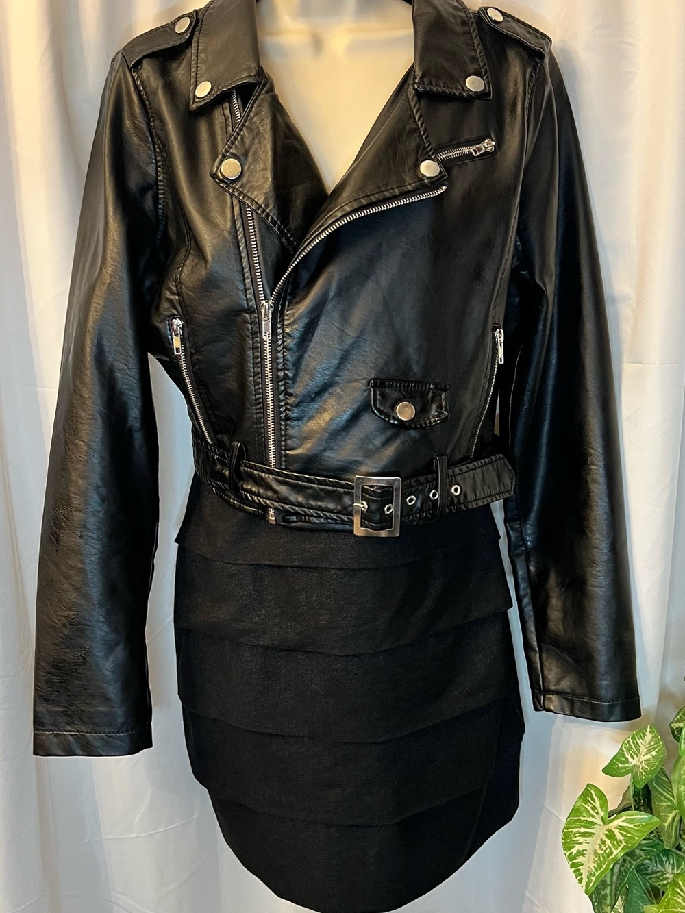 Ashley By 26 International Black Faux Leather Biker Jacket with Belt - Picture 4 of 14